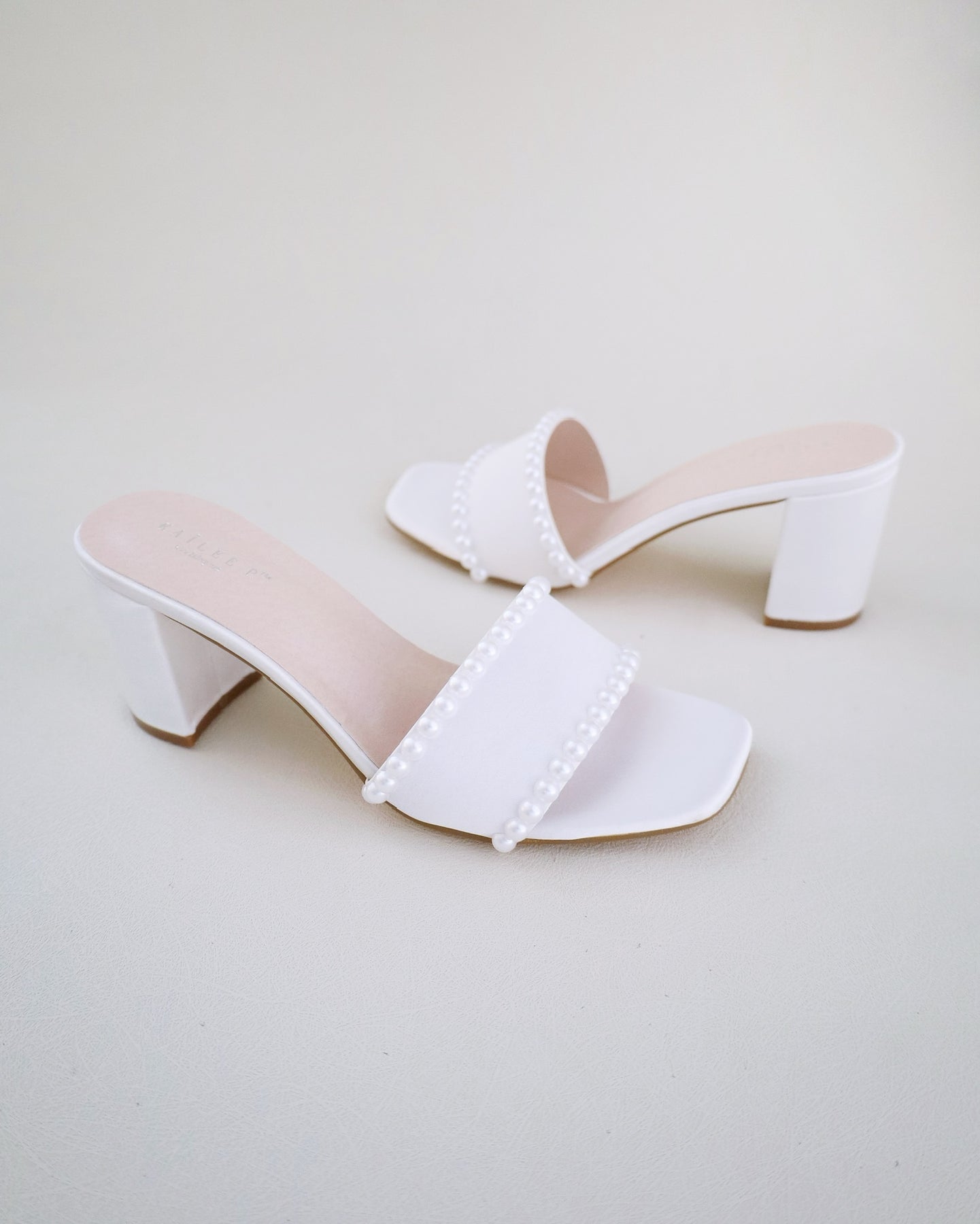 Satin Block Heels Slide Wedding Sandals with Pearls, Bridal Sandals ...