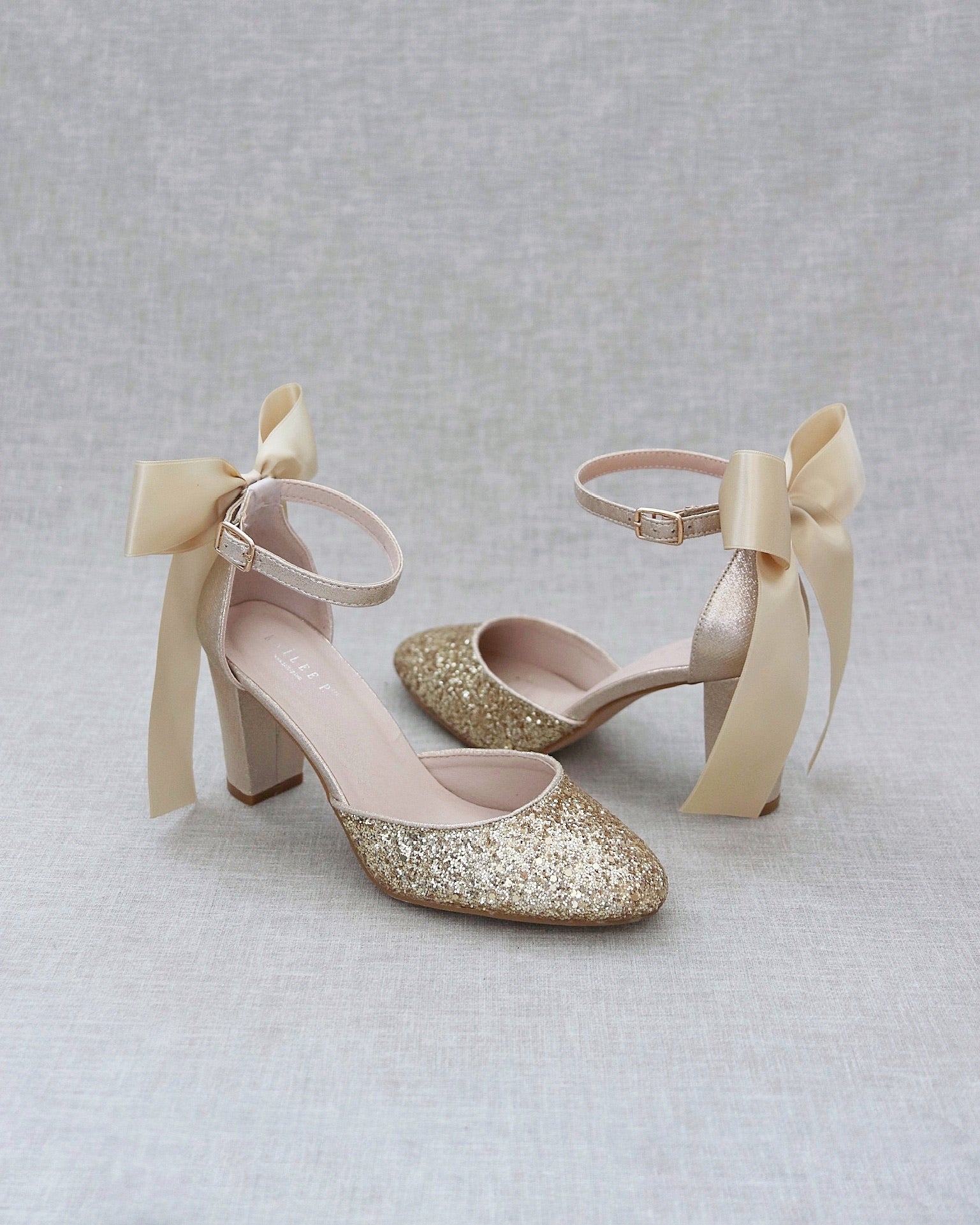 Rock Glitter Block Heel with Back Satin Bow, Women Gold Shoes