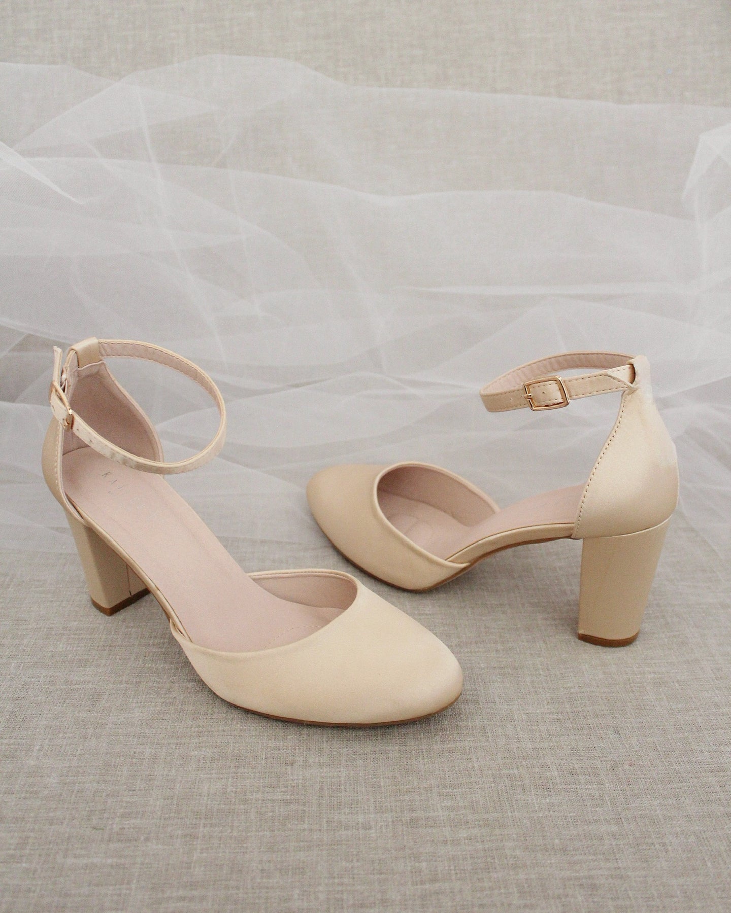 Champagne Satin Block Heel with Ankle Strap - Wedding Shoes ...