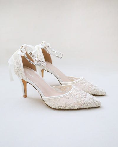 ivory lace bridal heels with crystal strap