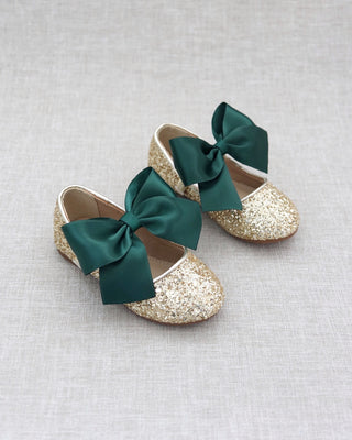 Rock Glitter Mary Jane Flats with Hunter Green Satin BowKids Shoes