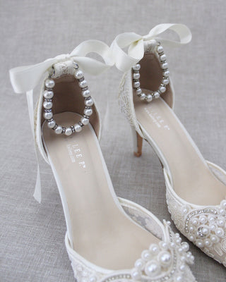Ivory Crochet Lace Pointy Toe Heels with Small Pearls AppliqueWomen Shoes