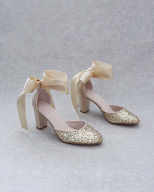 Gold Rock Glitter Block Heel with Wrapped Satin Tie, Bridesmaids Shoes 9 Gold Rock Glitter Block Heel with Wrapped Satin Tie, Bridesmaids Shoes 9
