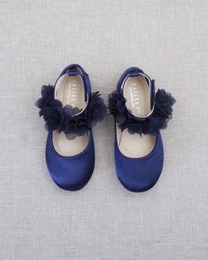 Satin Flats with Chiffon Flowers Ankle Strap