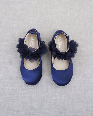 Satin Flats with Chiffon Flowers Ankle StrapKids Shoes