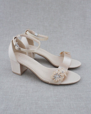 Satin Block Heel Evening Sandals with Flowers AppliqueWomen Shoes