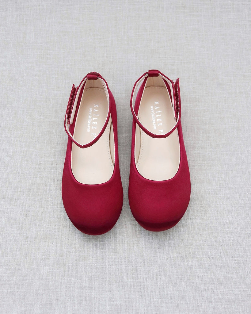 Burgundy Satin Flats with Velcro Ankle Strap Flower girls shoes