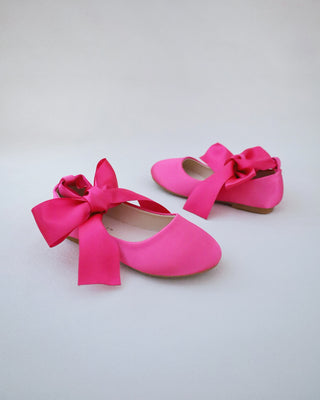 fuchsia satin girls ballet flats with ankle ribbon
