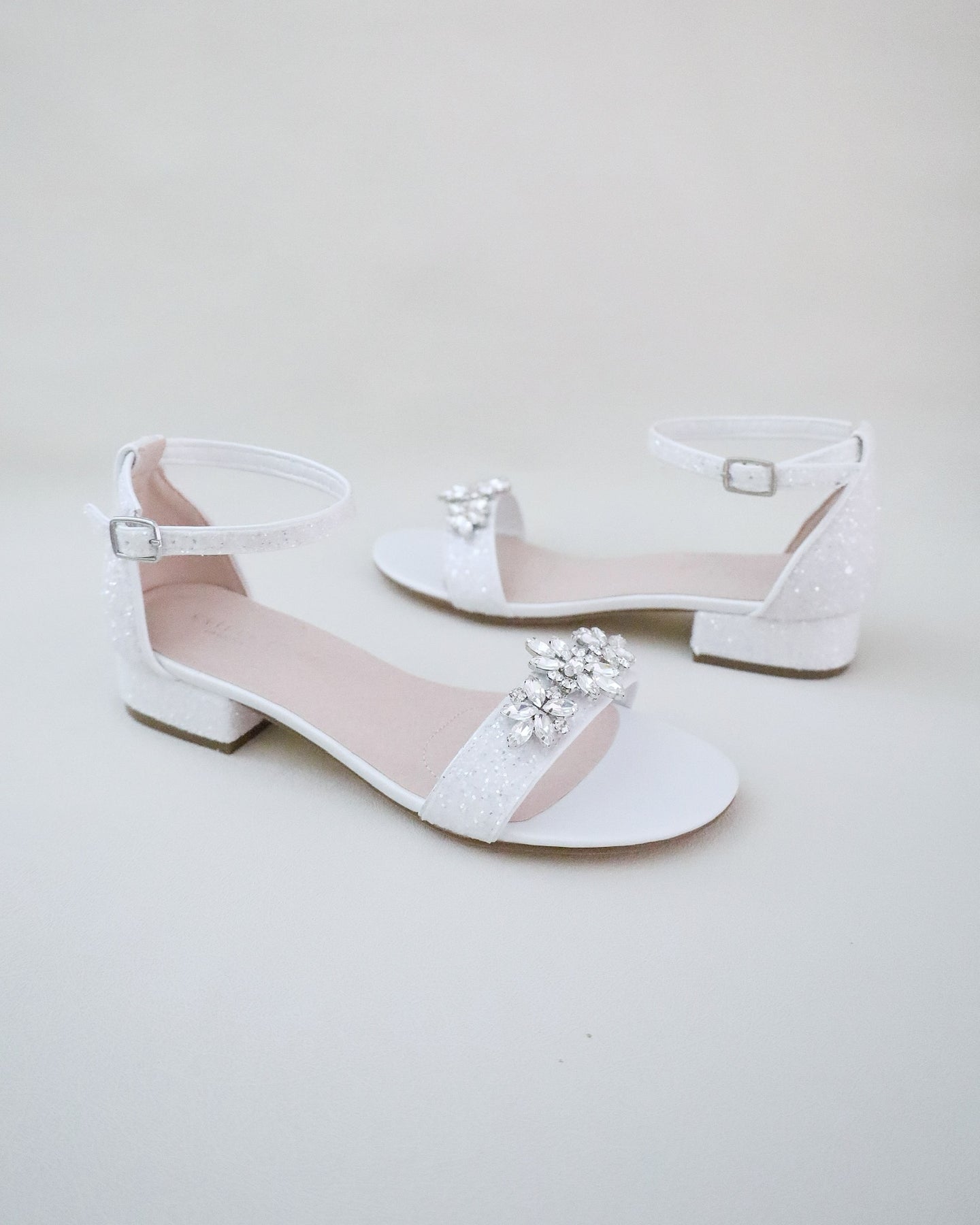 White Rock Glitter Low Block Heel Wedding Sandals with Asteria Brooch