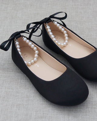 black satin flats with pearls strap