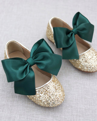 Rock Glitter Mary Jane Flats with Hunter Green Satin BowKids Shoes