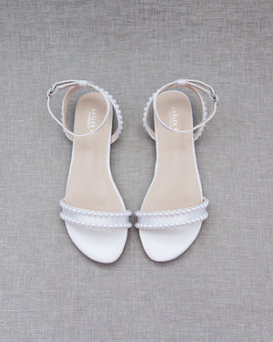 Satin Flat Sandal with Pearls and Ankle Strap