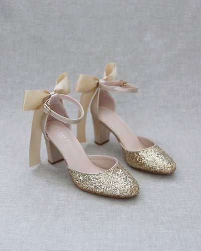 Gold Glitter Block Heels with Back Bow