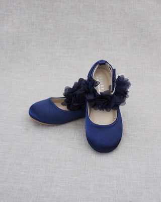 Satin Flats with Chiffon Flowers Ankle StrapKids Shoes