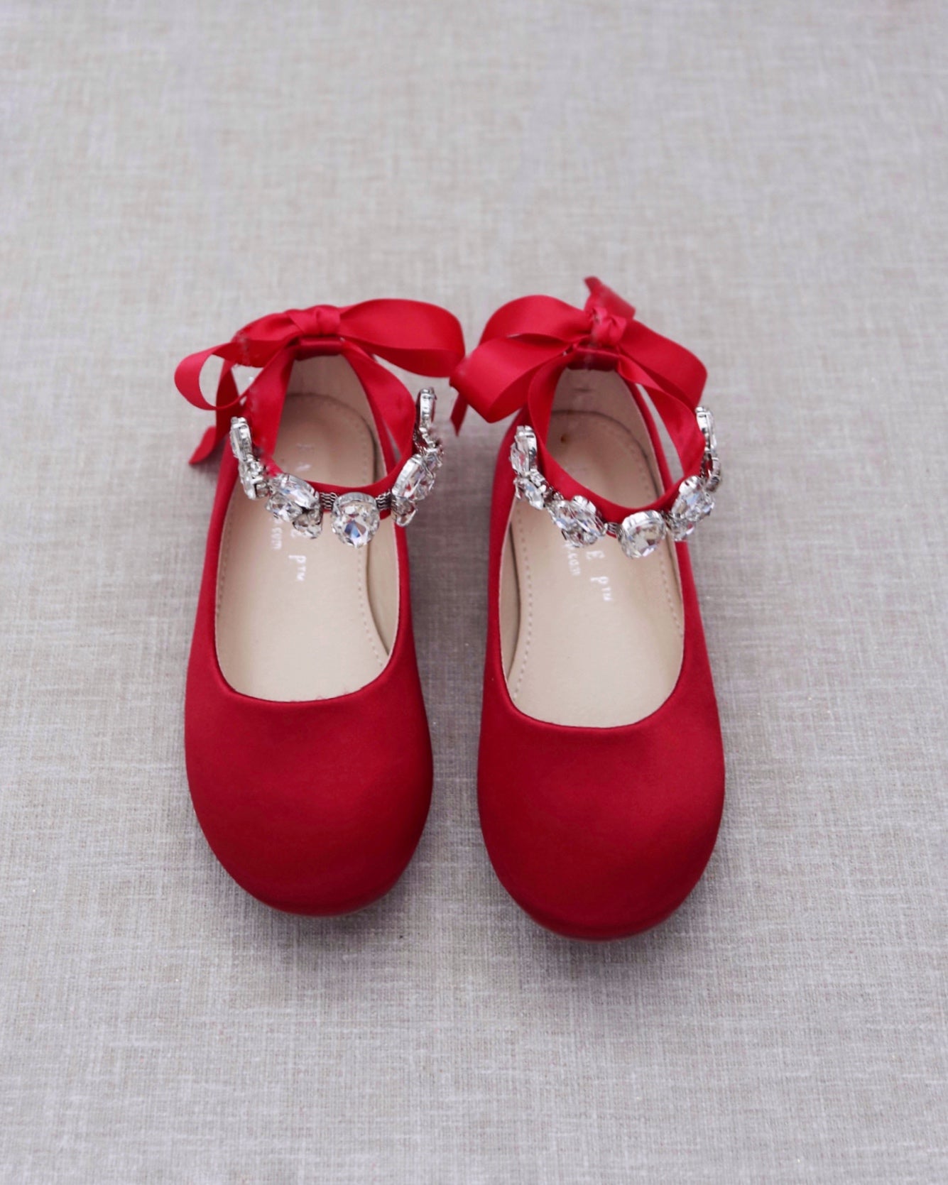 Red Satin Ballet Flats with Navette Cluster Rhinestones