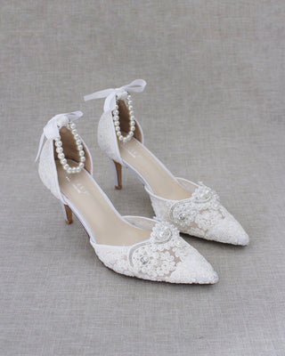 White Crochet Lace Pointy Toe HEELS with Small Pearls AppliqueWomen Shoes