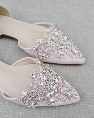 Satin Pointy Toe Flats with Rhinestones Applique EmbellishmentsWomen Shoes