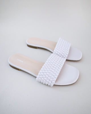 white pearl flat wedding sandals