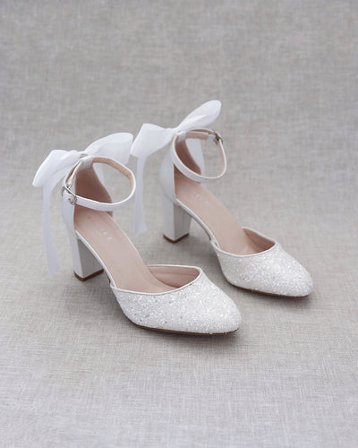 White Glitter Block Heels with Back Bow
