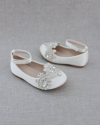 girls ivory satin flats with rhinestones applique