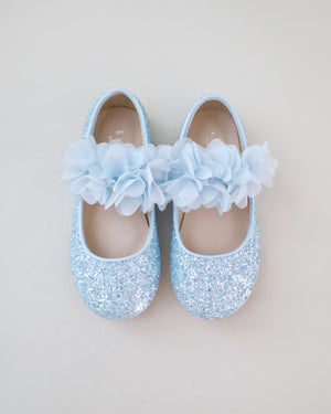 Rock Glitter Mary Jane Flats with Chiffon Flowers