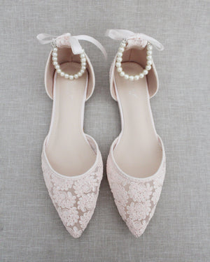 Crochet Lace Pointy Toe with All Pearls Ankle Strap
