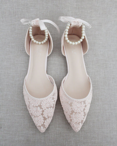Pink Lace Women Flats with Pearl Straps