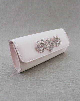 dusty pink satin wedding clutch with rhinestones applique