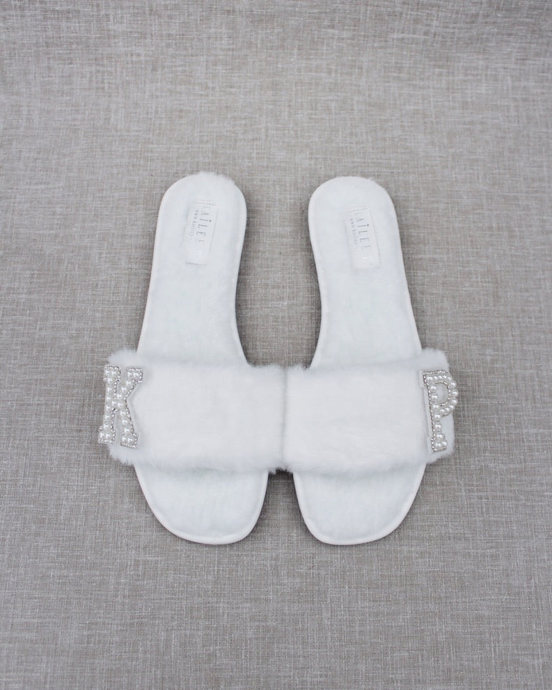 Personalized Faux Fur Slide Flat Wedding Sandals Wedding Gift