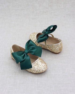 Rock Glitter Mary Jane Flats with Hunter Green Satin BowKids Shoes