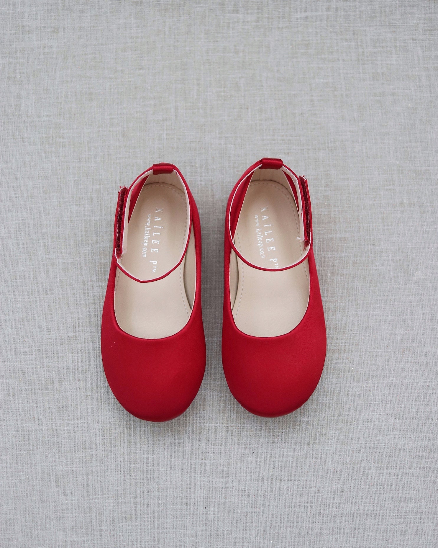 Red Satin Flats with Velcro Ankle Strap Holiday Shoes, Party Shoes