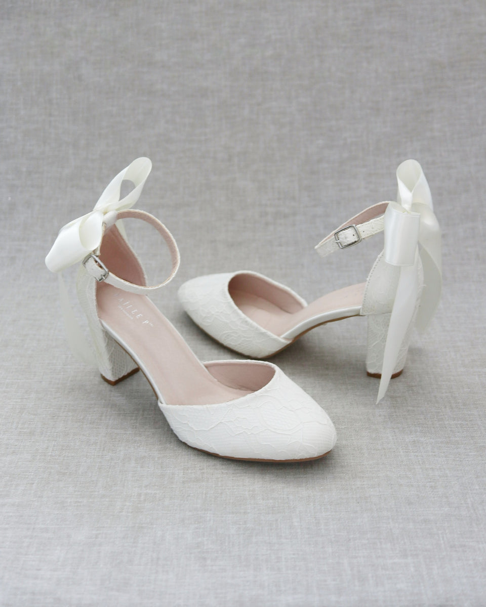 Ivory Lace Block Heel with Satin Back Bow - Women Shoes, Bridal shoes ...