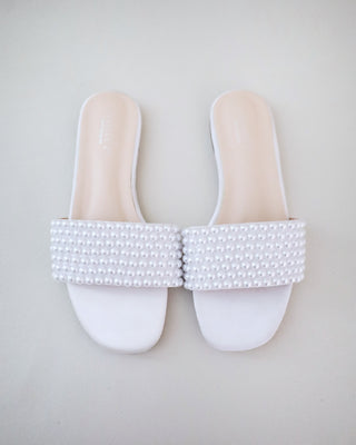 white pearl flat wedding sandals