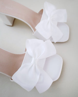 white wedding block heel sandals with bow