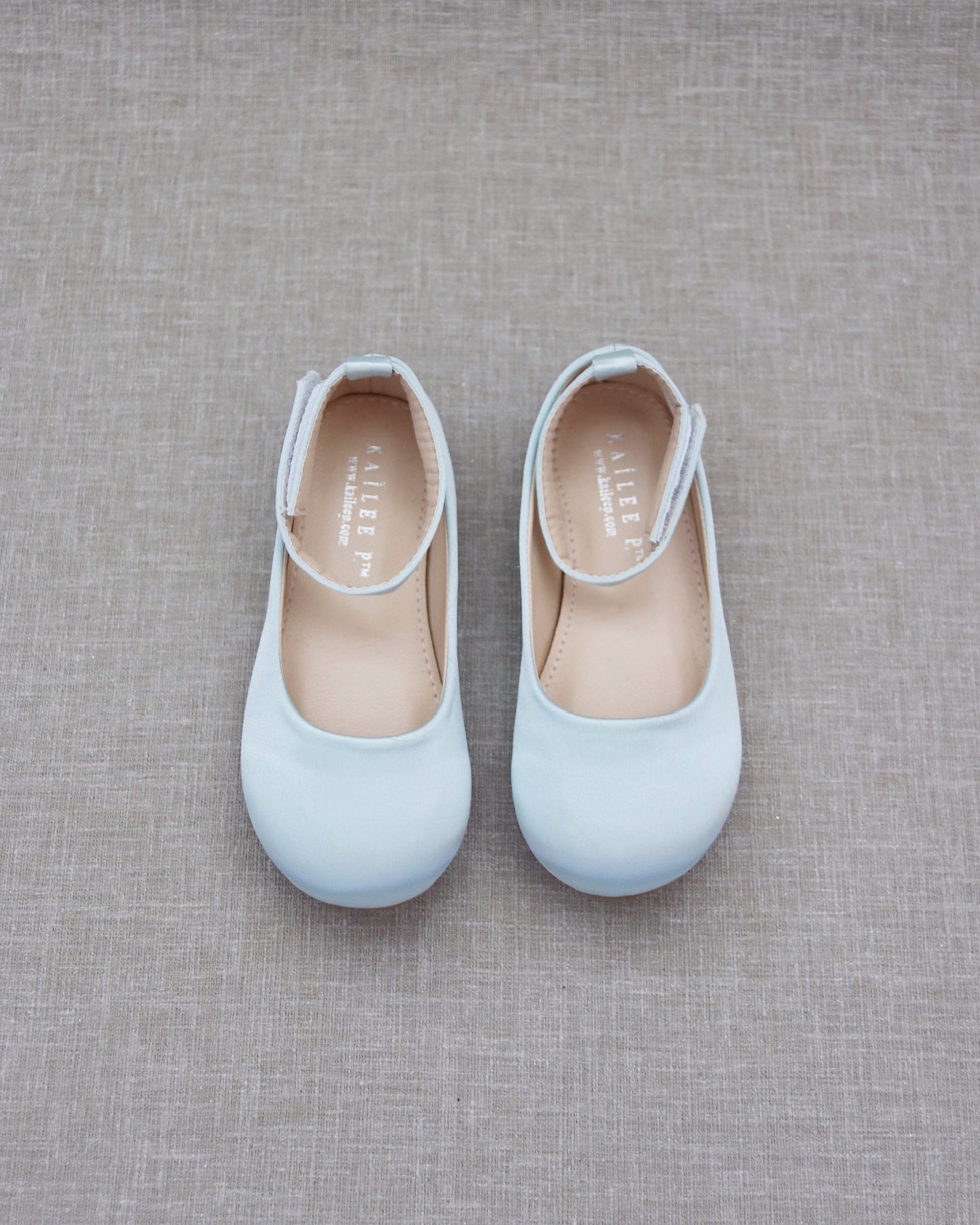 Light Blue Satin Flats with Velcro Ankle Strap, Flower Girls Shoes