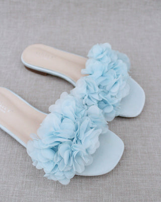 Satin Slide Wedding Sandals with Allover Chiffon Flowers