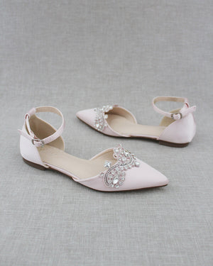 Satin Pointy Toe Flats with Rhinestones Applique Embellishments