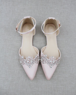 Satin Pointy Toe Flats with Rhinestones Applique Embellishments