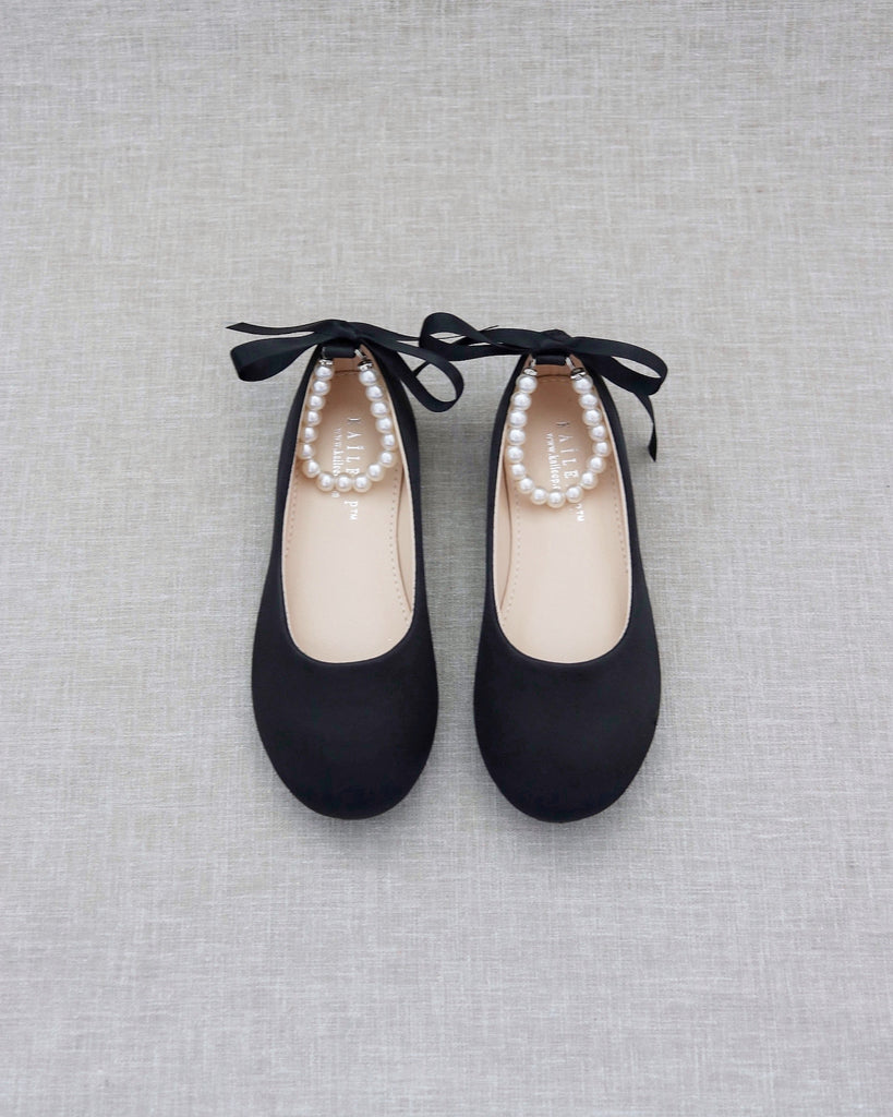 Black Satin Flats with Pearls Ankle Strap Flower Girls Shoes Party