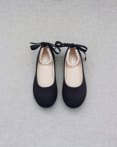 black satin flats with pearls strap