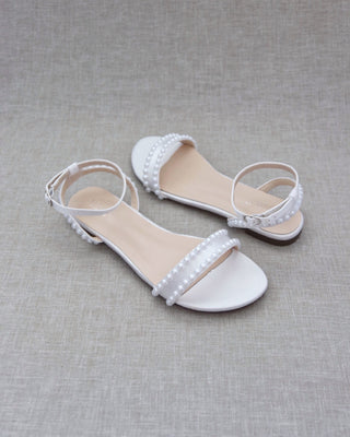 Satin Flat Sandal with Pearls and Ankle Strap