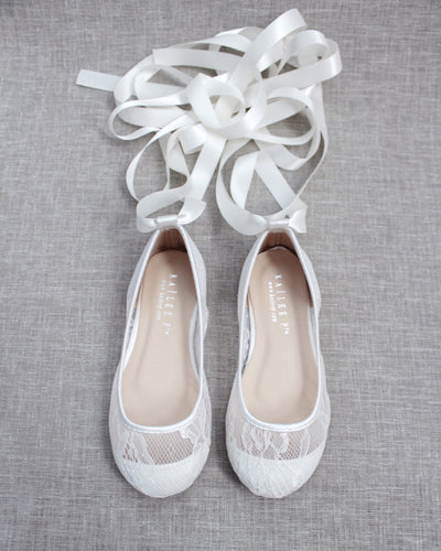 White Lace Girls Flats with Ballerina Laces