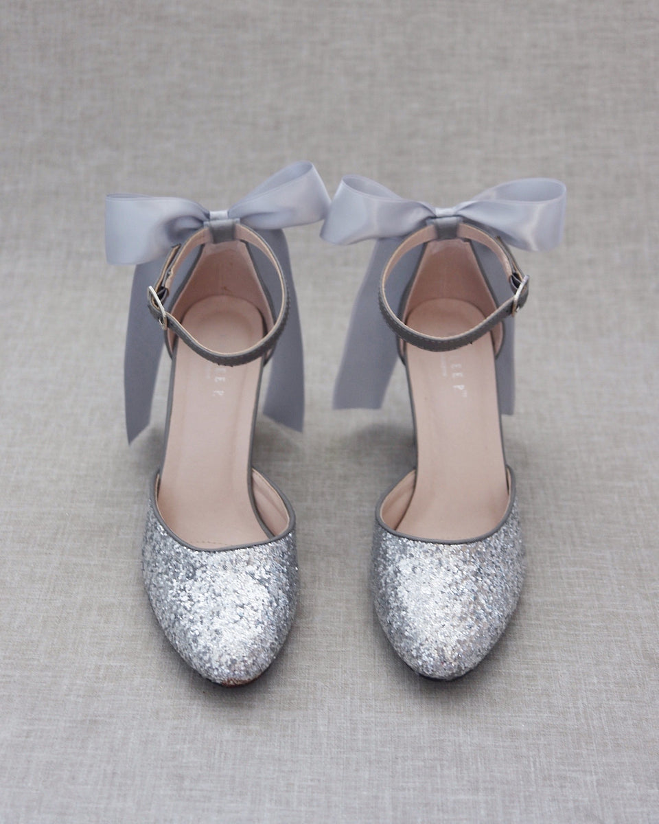 Silver Rock Glitter Block Heel with Back Satin Bow - Women Shoes ...