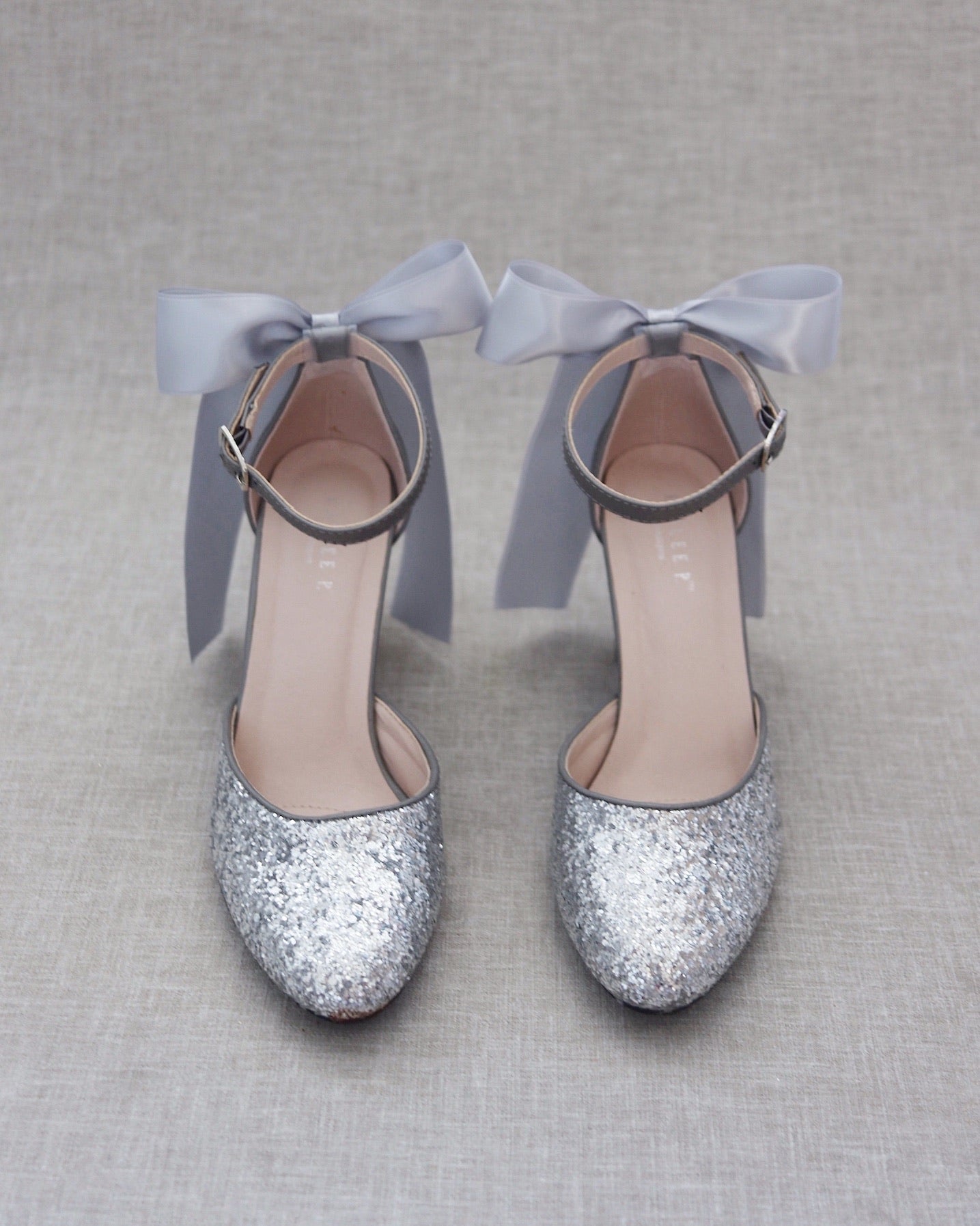 Silver Rock Glitter Block Heel with Back Satin Bow Women Shoes