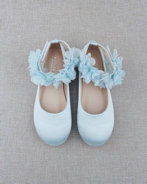 Satin Flats with Chiffon Flowers Ankle Strap