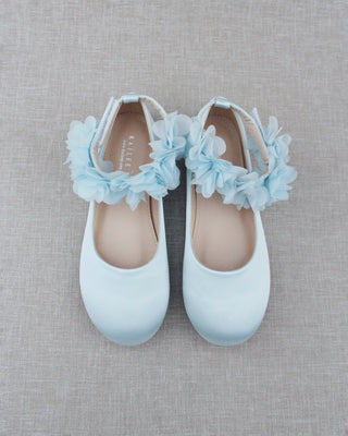 Satin Flats with Chiffon Flowers Ankle Strap