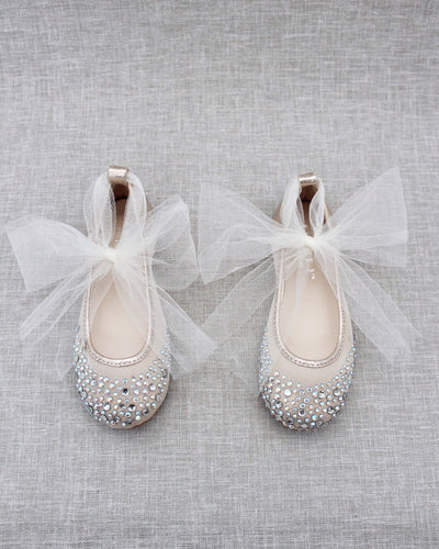 Gold Rhinestone Mesh Kids Flats with Tulle Strap