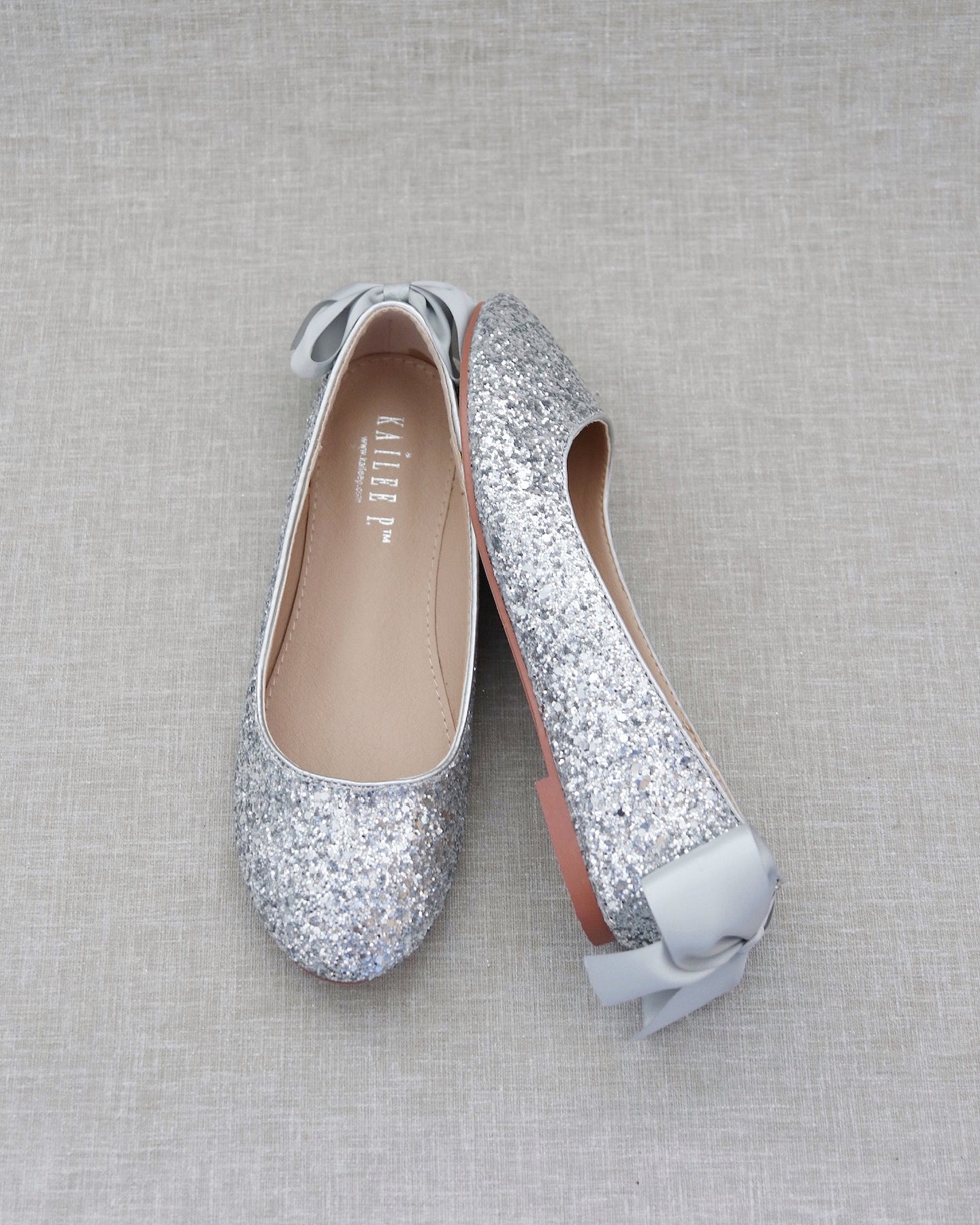 Silver Glitter Round Toe Flats with Bow, Wedding Shoes, Bridesmaid Flat ...