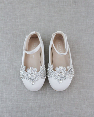 girls white satin flats with rhinestones applique
