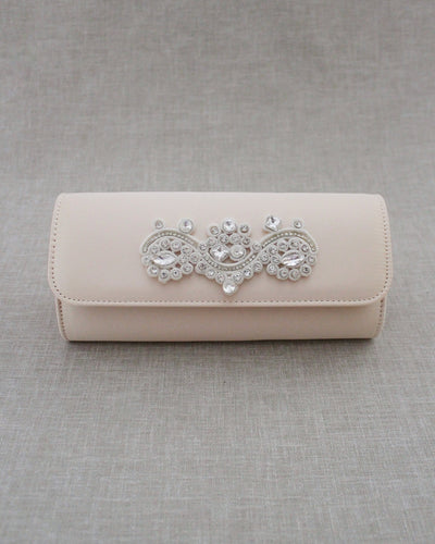 champagne satin bridal clutch with rhinestones applique